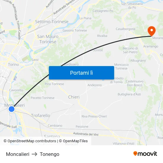 Moncalieri to Tonengo map