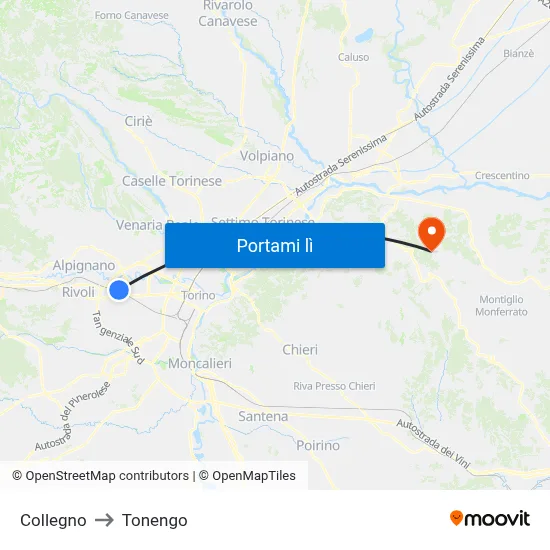 Collegno to Tonengo map