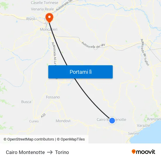 Cairo Montenotte to Torino map