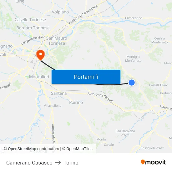 Camerano Casasco to Torino map
