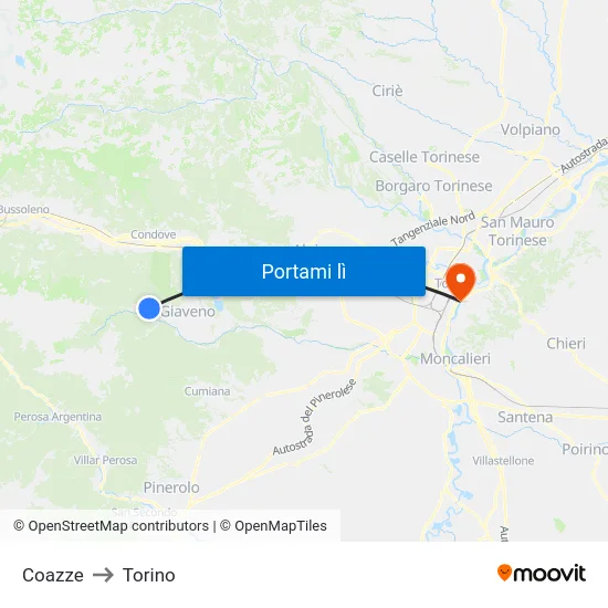 Coazze to Torino map