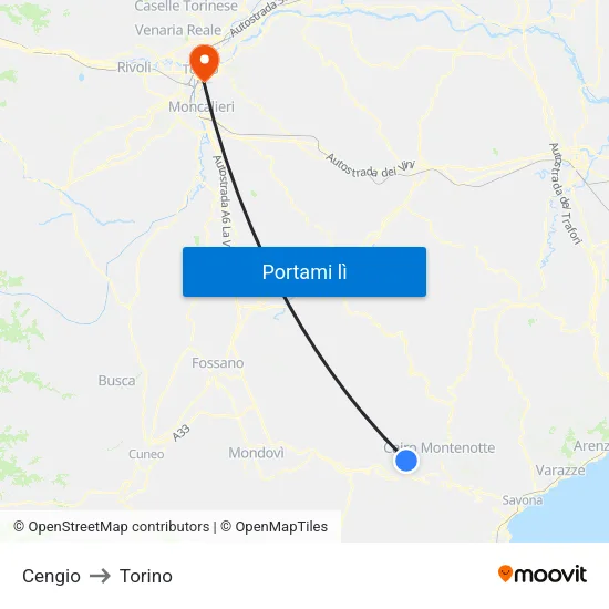 Cengio to Torino map