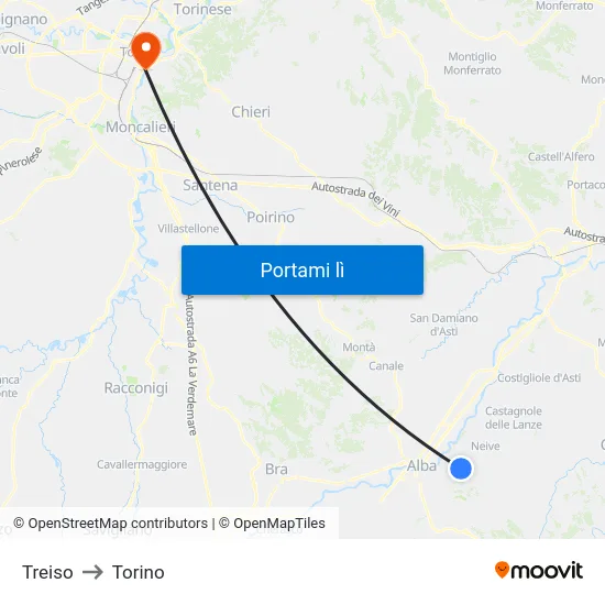 Treiso to Torino map