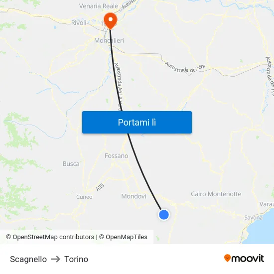 Scagnello to Torino map