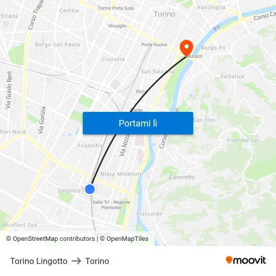 Torino Lingotto to Torino map