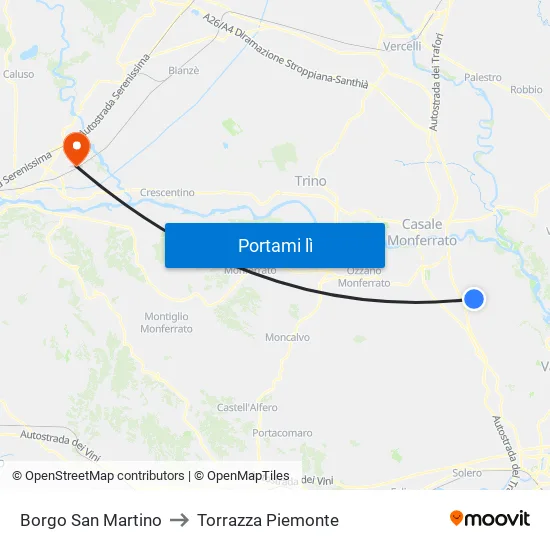Borgo San Martino to Torrazza Piemonte map