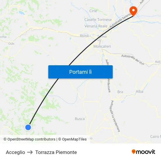 Acceglio to Torrazza Piemonte map