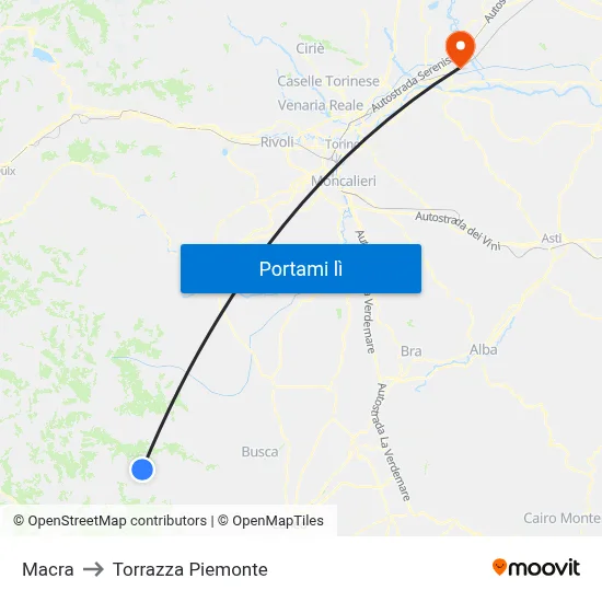 Macra to Torrazza Piemonte map
