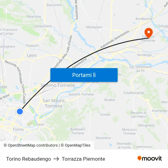 Torino Rebaudengo to Torrazza Piemonte map