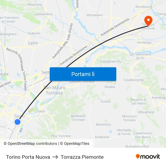 Torino Porta Nuova to Torrazza Piemonte map