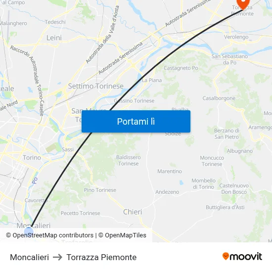 Moncalieri to Torrazza Piemonte map
