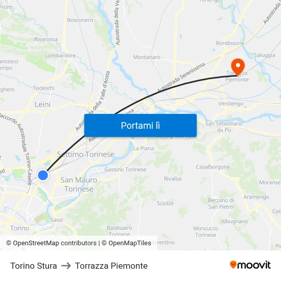 Torino Stura to Torrazza Piemonte map