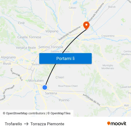 Trofarello to Torrazza Piemonte map