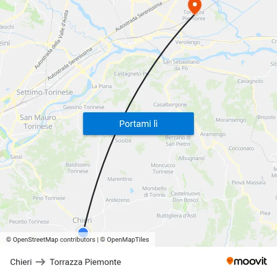 Chieri to Torrazza Piemonte map