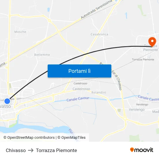 Chivasso to Torrazza Piemonte map