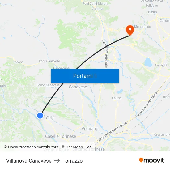 Villanova Canavese to Torrazzo map