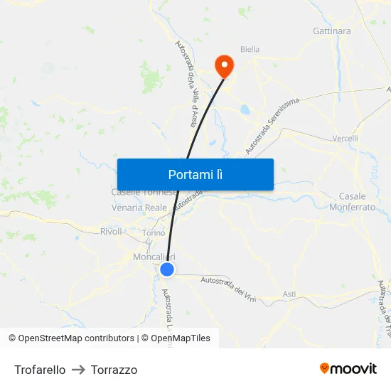 Trofarello to Torrazzo map