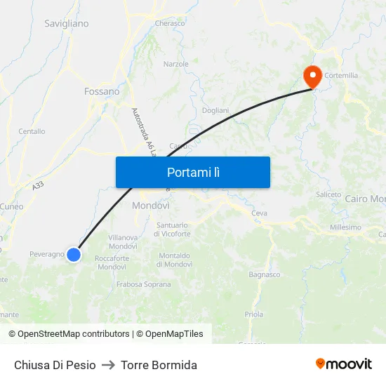 Chiusa Di Pesio to Torre Bormida map