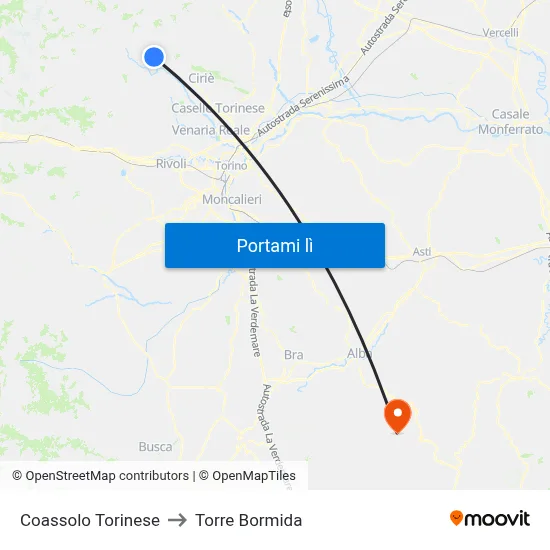 Coassolo Torinese to Torre Bormida map