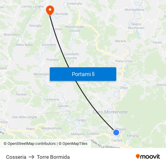 Cosseria to Torre Bormida map