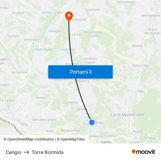 Cengio to Torre Bormida map