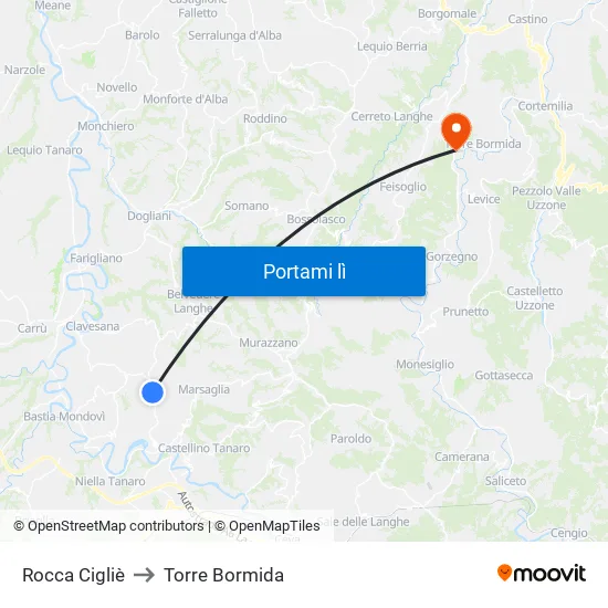 Rocca Cigliè to Torre Bormida map