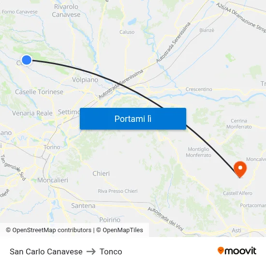 San Carlo Canavese to Tonco map