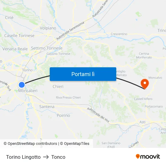 Torino Lingotto to Tonco map
