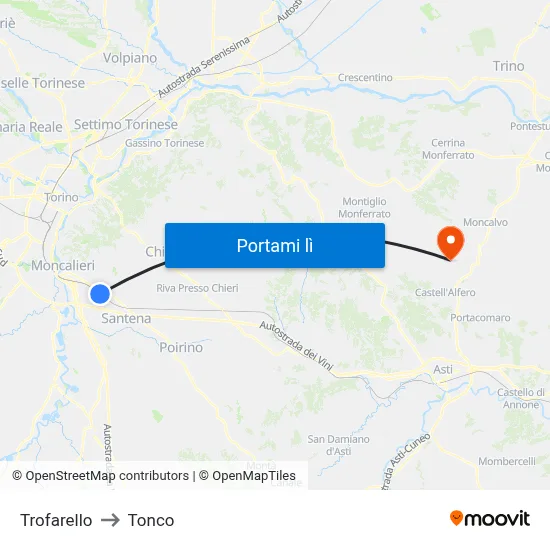 Trofarello to Tonco map