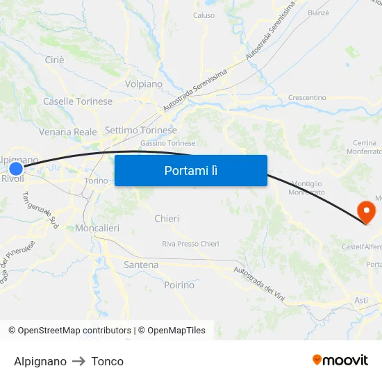 Alpignano to Tonco map