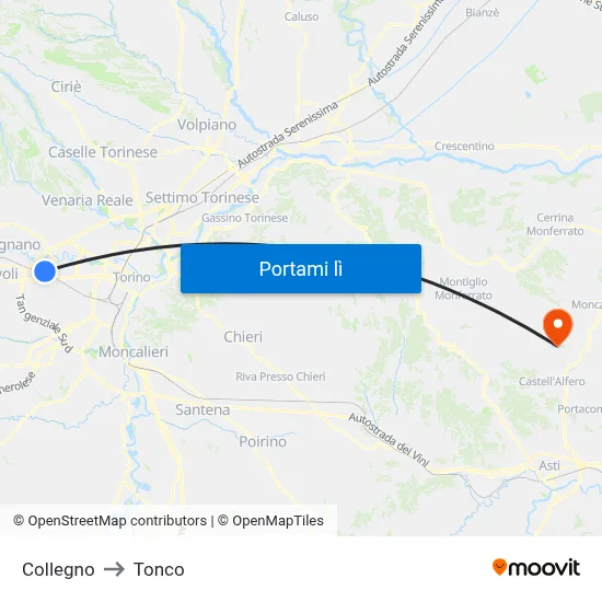 Collegno to Tonco map