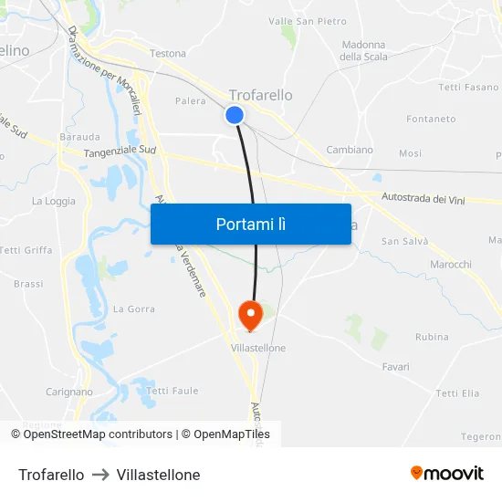 Trofarello to Villastellone map