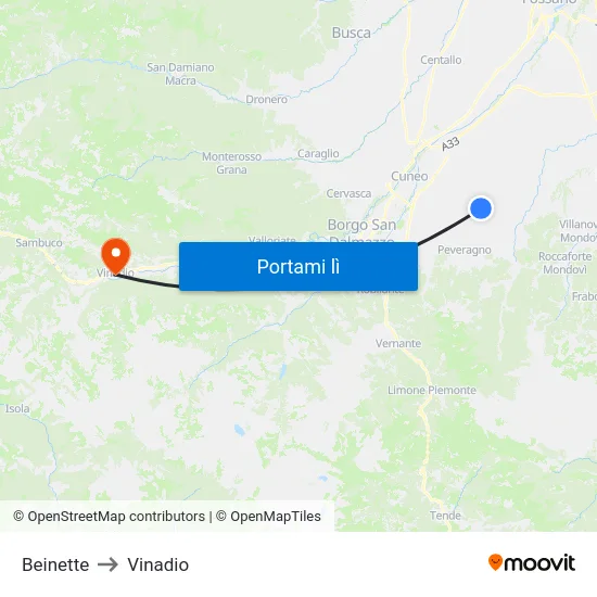 Beinette to Vinadio map