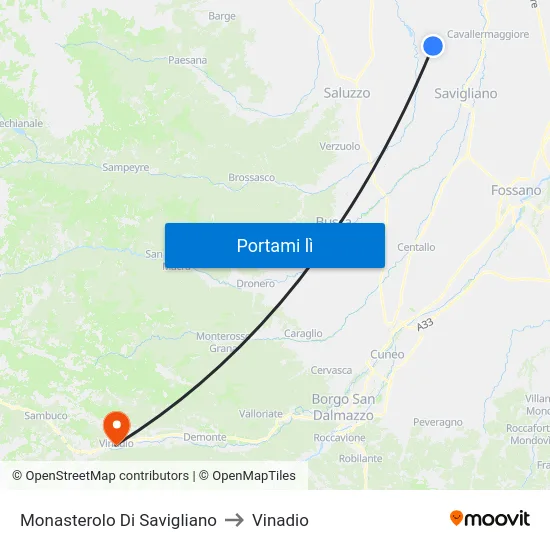 Monasterolo Di Savigliano to Vinadio map