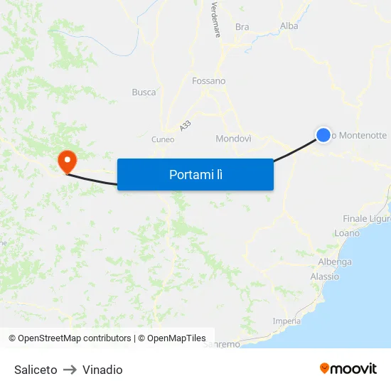 Saliceto to Vinadio map