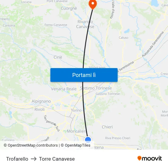 Trofarello to Torre Canavese map