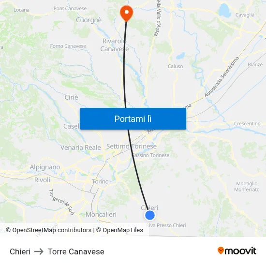 Chieri to Torre Canavese map