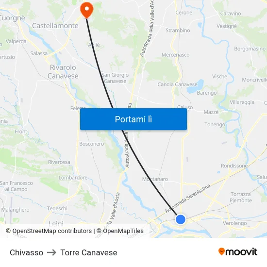 Chivasso to Torre Canavese map
