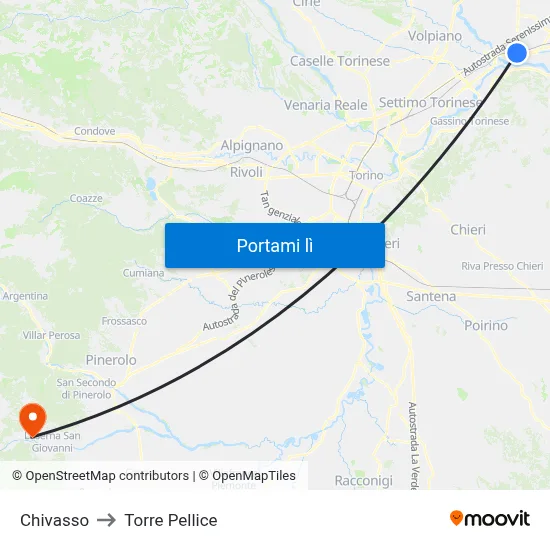Chivasso to Torre Pellice map