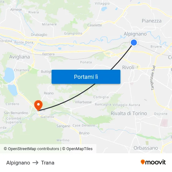 Alpignano to Trana map