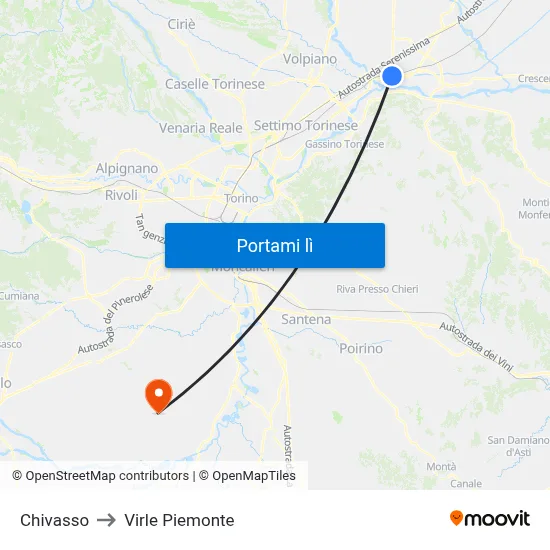 Chivasso to Virle Piemonte map