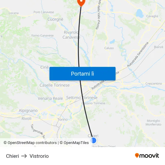 Chieri to Vistrorio map