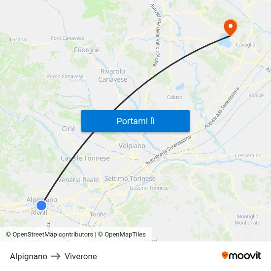 Alpignano to Viverone map