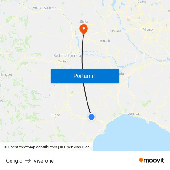 Cengio to Viverone map