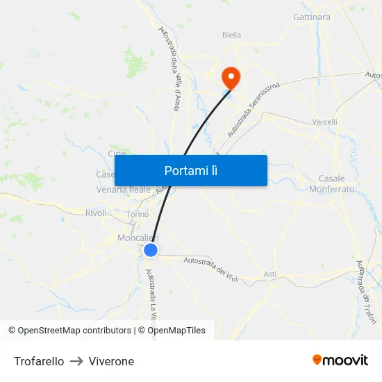 Trofarello to Viverone map