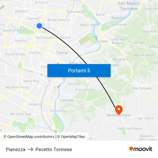 Pianezza to Pecetto Torinese map