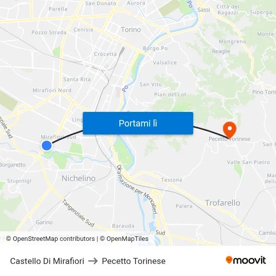 Castello Di Mirafiori to Pecetto Torinese map