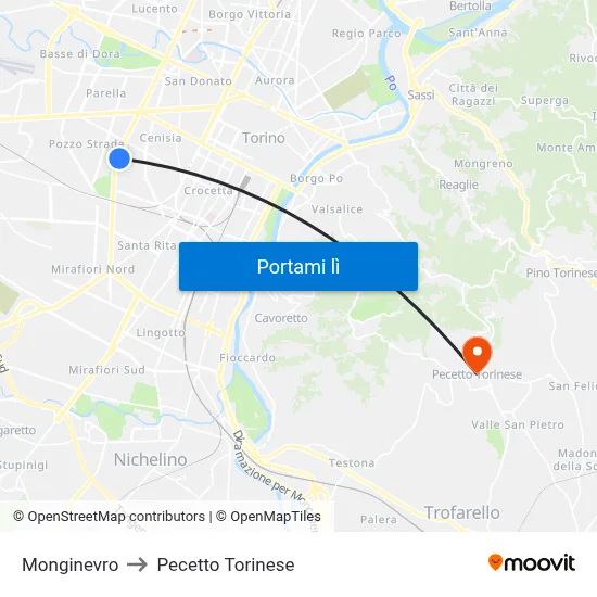 Monginevro to Pecetto Torinese map