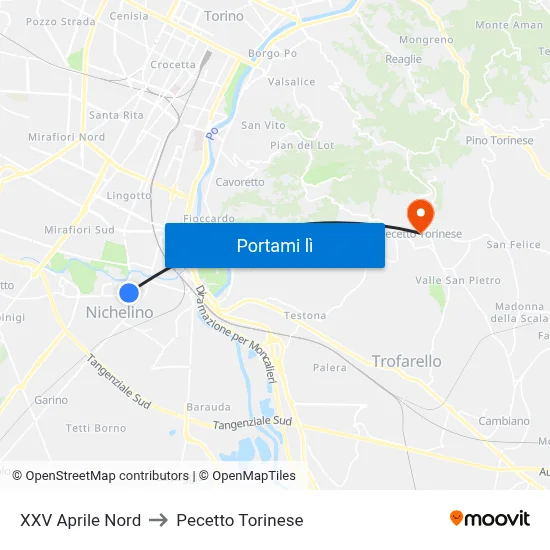 XXV Aprile Nord to Pecetto Torinese map