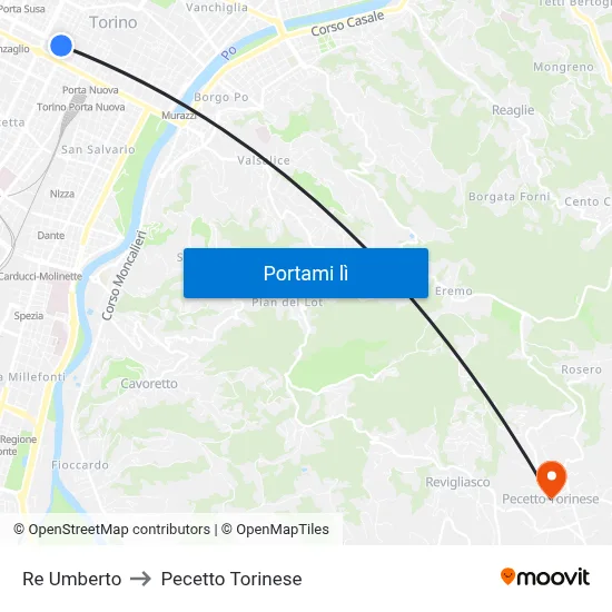 Re Umberto to Pecetto Torinese map